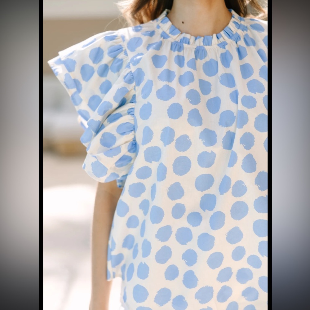 Shop The Mint « Be Your True Self » blue ivory polka dot ruffled sleeve blouse - Picture 2 of 12